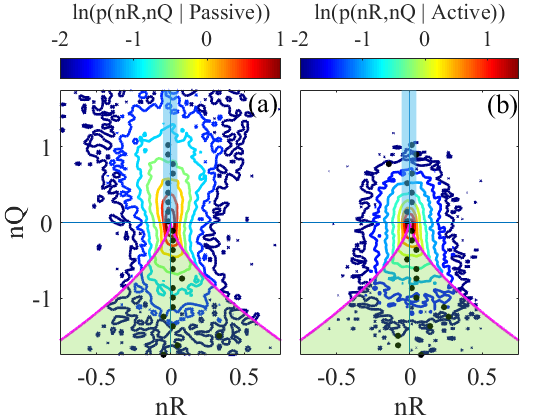 Probability density distributions are shown for passive structures on the left and active structures on the right. Shaded regions correspond to the topology of the structure.