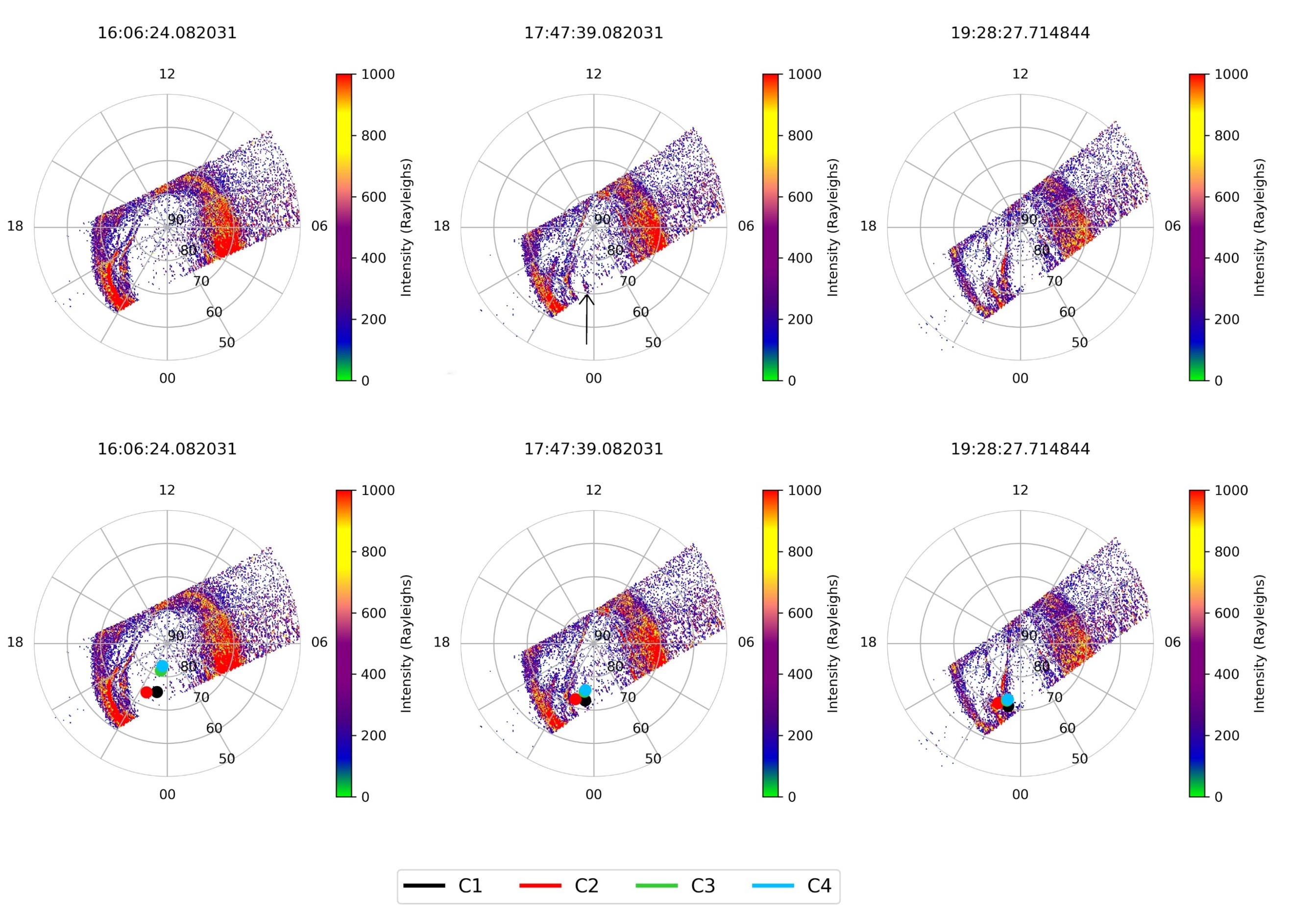 A multipanel plot showing auroral images at different time steps. Overplotted on the auroral image are the spacecraft footprints.